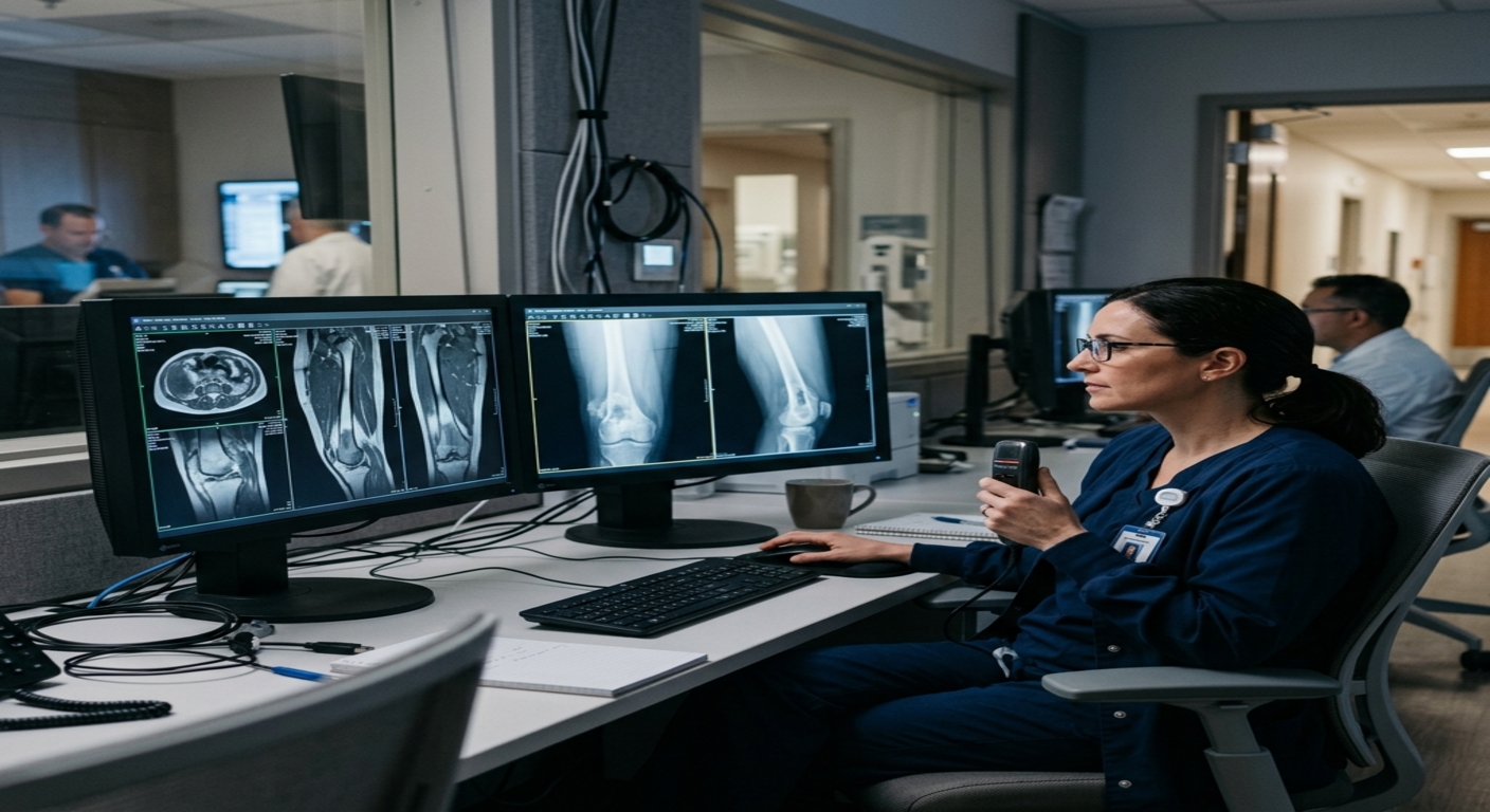 Radiologist reviewing MRI and X-ray scans of a bone lesion using advanced DICOM imaging workstation - PostiDICOM